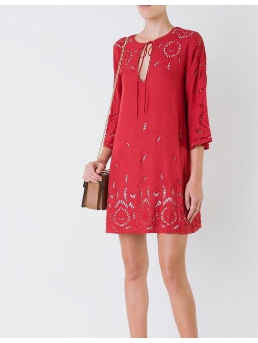 Alice + Olivia Morgana Embroidered Eyelet Shift Dress Red Lace Mini Tunic Small